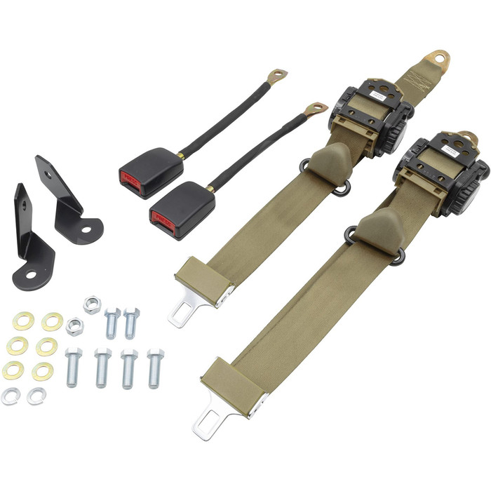 C13-18-1030 - EMPI - PAIR OF TAN 3 POINT RETRACTABLE EUROPEAN STYLE SEATBELTS - WITH BRACKETS & MOUNTING HARDWARE - BEETLE SEDAN 68-77 - SOLD SET