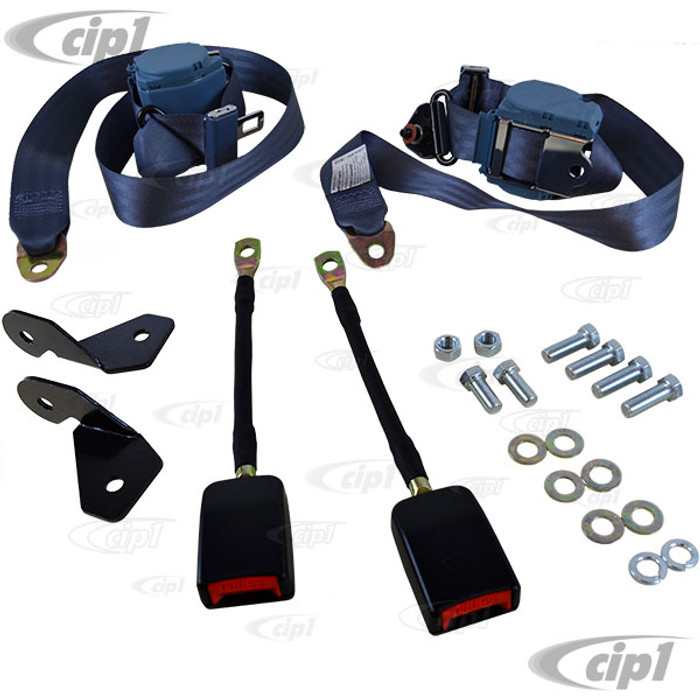 C13-18-1031 - EMPI - PAIR OF BLUE 3 POINT RETRACTABLE EUROPEAN STYLE SEATBELTS - WITH BRACKETS & MOUNTING HARDWARE - BEETLE SEDAN 68-77 - SOLD SET