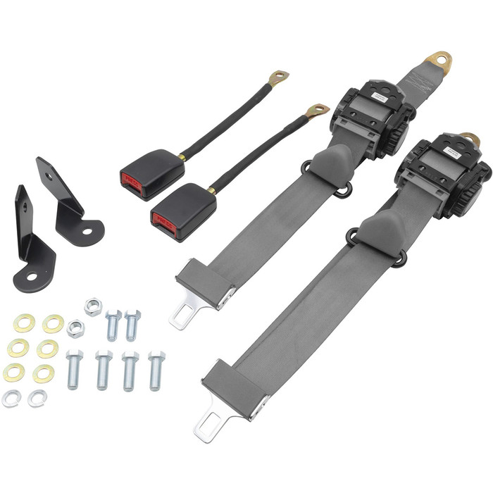 C13-18-1032 - EMPI - PAIR OF GREY 3 POINT RETRACTABLE EUROPEAN STYLE SEATBELTS - WITH BRACKETS & MOUNTING HARDWARE - BEETLE SEDAN 68-77 - SOLD SET
