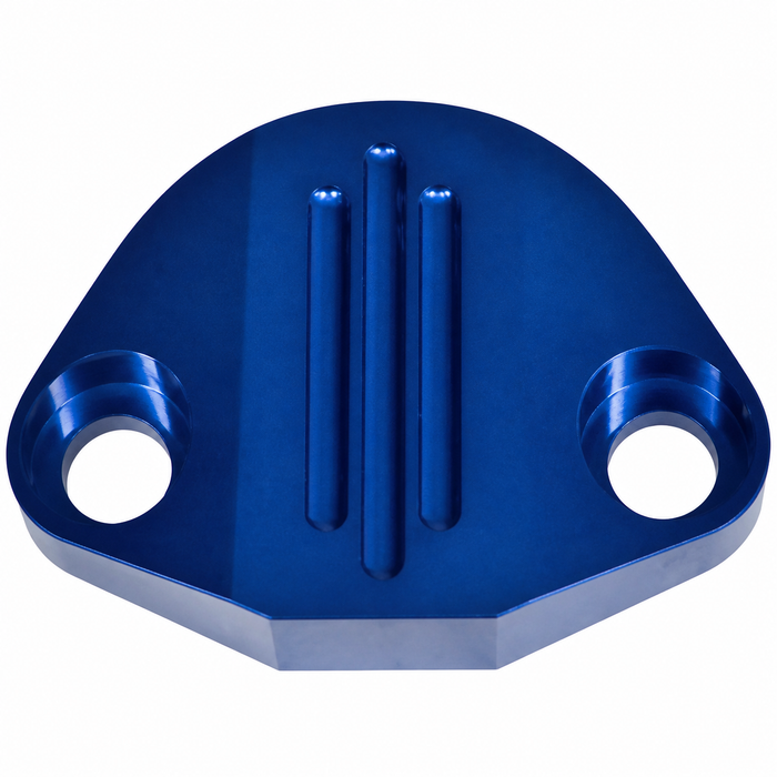C13-18-1092 - EMPI - BLUE ANODIZED BILLET FUEL PUMP BLOCK OFF WITH HARDWARE - ALL 1600CC BEETLE STYLE ENGINES - SOLD EACH