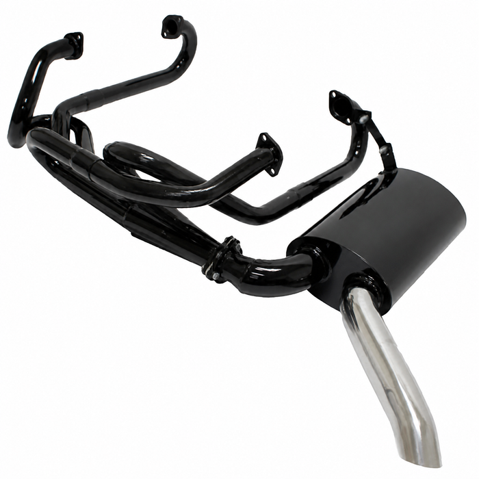C13-3450 - EMPI - 1-1/2 INCH BLACK (PAINTED) STEEL SIDEFLOW/SIDEWINDER MERGED EXHAUST SYSTEM WITH J-PIPES - 1600CC STYLE ENGINE - BUS 63-67 - SOLD EACH