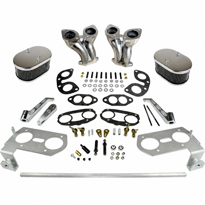 C13-47-7317-KIT - DUAL 40/44MM CARB. KIT - IDF/HPMX STYLE MANIFOLDS/HEX BAR LINKAGE/CHROME AIR CLEANERS (DESIGN MAY VARY) AND HARDWARE - FITS BEETLE/GHIA/BUS WITH 1600CC STYLE ENGINE- SOLD KIT