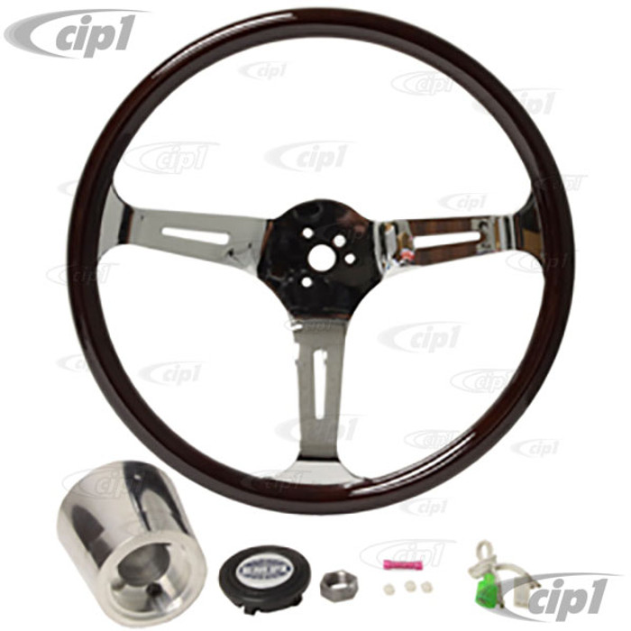 C13-79-4022 - EMPI - CLASSIC DARK WOOD STEERING WHEEL KIT – 380MM DIA. WITH 23MM THICK GRIP – INCLUDES BILLET ALUMINUM BOSS/ADAPTER – FITS BEETLE/GHIA 60-74 - TYPE-3 61-71