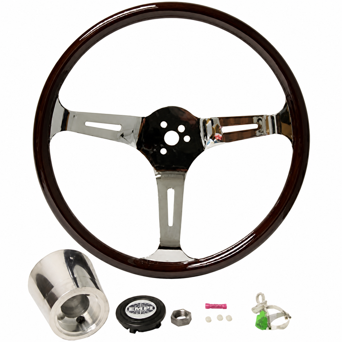 C13-79-4022 - EMPI - CLASSIC DARK WOOD STEERING WHEEL KIT - 380MM DIA. WITH 23MM THICK GRIP - INCLUDES BILLET ALUMINUM BOSS/ADAPTER - FITS BEETLE/GHIA 60-74 - TYPE-3 61-71