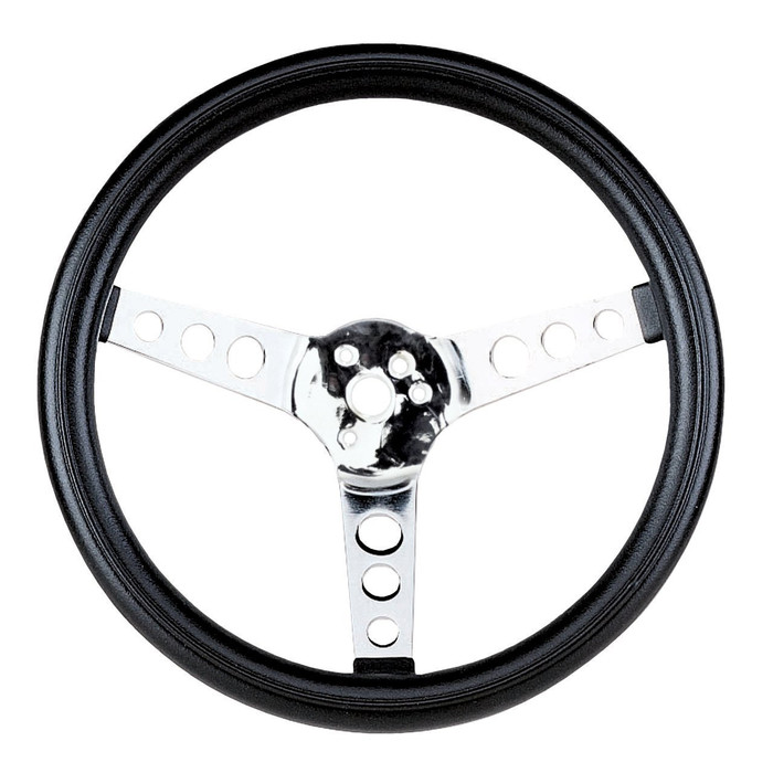 C13-79-4110 - EMPI – POLY FOAM CHROME STEERING WHEEL – 3 SPOKE – 13-1/2 INCH DIA. - 3-1/2 INCH DISH (HUB ADAPTER / HORN BUTTON SOLD SEP.) – SOLD EACH