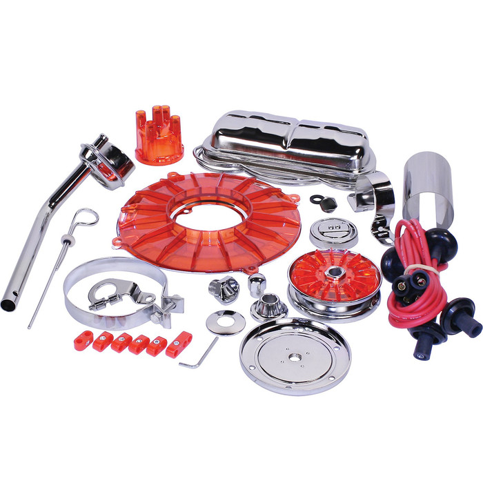 C13-8653 - EMPI -SUPER CHROME & COLOR DELUXE ENG DRESS-UP KIT- RED - OVER 15 PIECES -BUG ENGINES