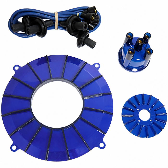 C13-8743 - EMPI -ENGINE TRIM KIT-BLUE - WIRES/CAP/PLASTIC PULLEY COVER AND BACKING PLATE-T1 STYLE ENG.