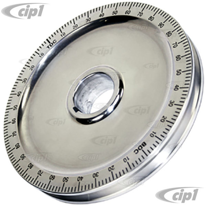 C13-8779 - EMPI - BILLET STYLE POLISHED ALUMINUM STOCK SIZE PULLEY W/ BLACK DEGREE MARKINGS - ALL 1600CC BEETLE STYLE ENGINES