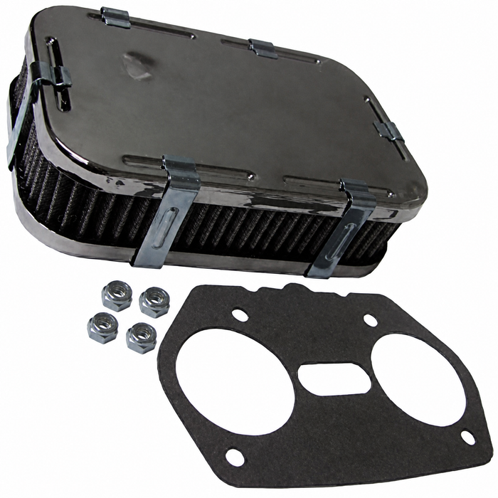 C13-8805 - CHROME RECTANGULAR AIR CLEANER ASSEMBLY - 1-3/4 INCH HIGH - FITS EMPI HPMX / WEBER 40-44-48MM IDF & DELLORTO DRLA - SOLD EACH