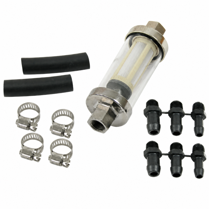 C13-9065 - EMPI -INLINE UNIVERSAL SEE-THRU FUEL FILTER KIT - WITH 1/4 - 5/16 - 3/8 INCH FITTINGS - WITH HOSE AND CLAMPS - SOLD KIT