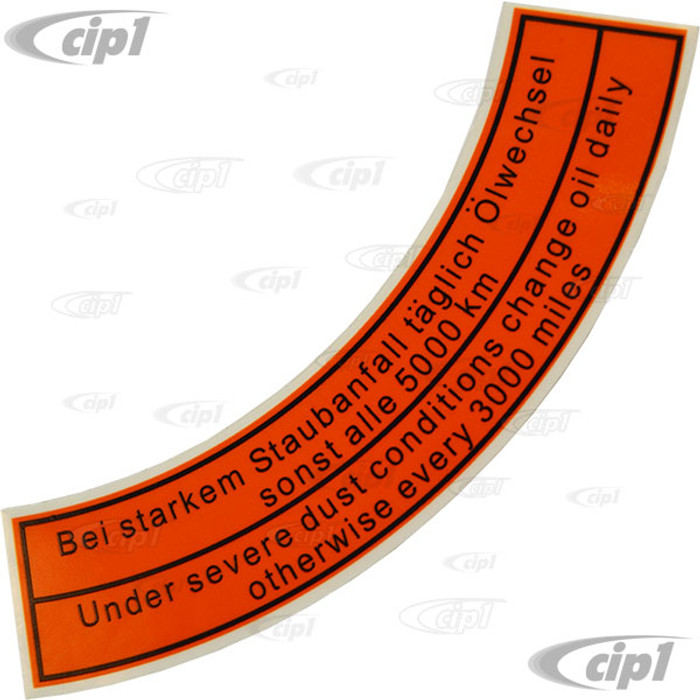 ACC-C10-9710 - ZVW26 - ORIGINAL STYLE EARLY AIR CLEANER DECAL - 5 X 1-5 INCH - FOR TOP OF AIR CLEANER (CURVED) - SOLD EACH
