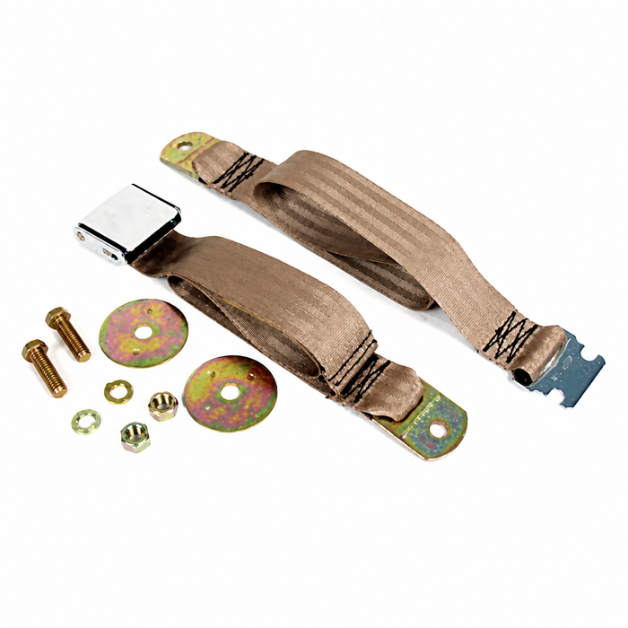 C16-111-704LTBN - MADE IN THE USA - VINTAGE STYLE 2 POINT SEAT BELT - TAN (LIGHT BROWN) - FITS ALL BEETLE - GHIA - BUS - TYPE-3 - VW THING - ALL AIR-COOLED MODELS - BASIC HARDWARE INCLUDED - SOLD EACH