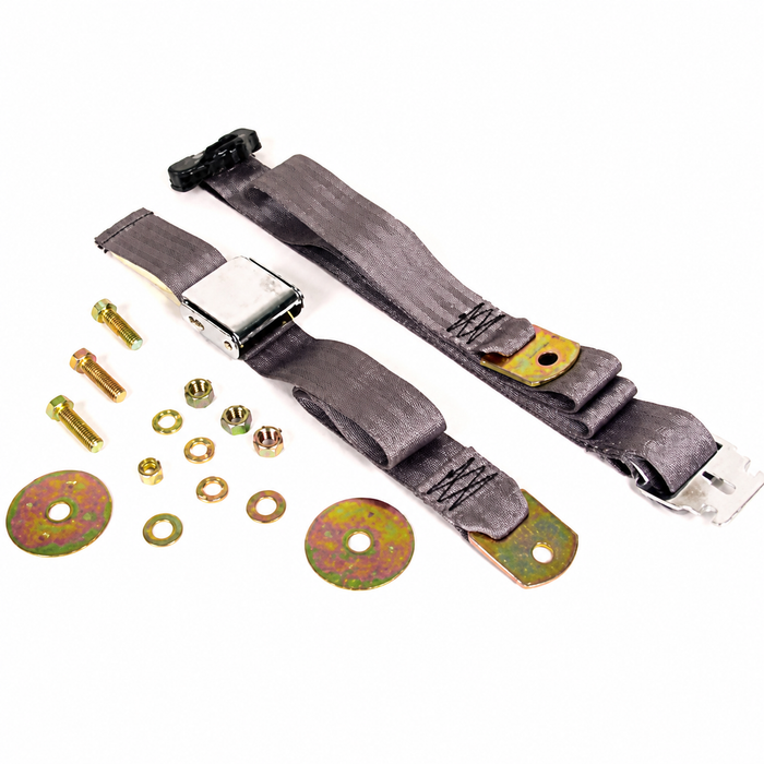 C16-111-706GY - MADE IN THE USA - VINTAGE STYLE 3 POINT SEAT NON-RETRACTABLE SEAT BELT - GREY - FITS ALL BEETLE - GHIA - BUS - TYPE-3 - VW THING - ALL AIR-COOLED MODELS - BASIC HARDWARE INCLUDED - SOLD EACH