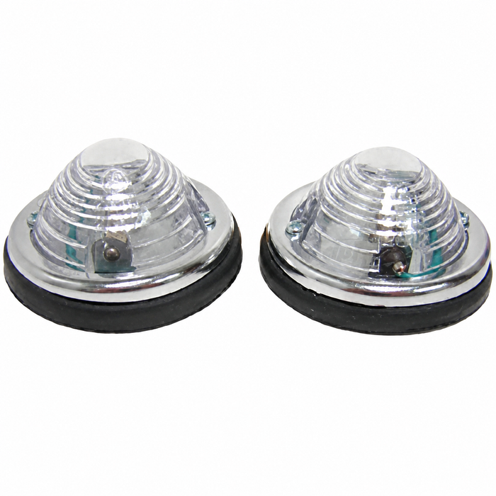 C21-0670 - LUCAS STYLE CAL-LOOK TURN SIGNAL ASSEMBLY - ROUND WITH CHROME RING - WHITE LENS - SOLD PAIR