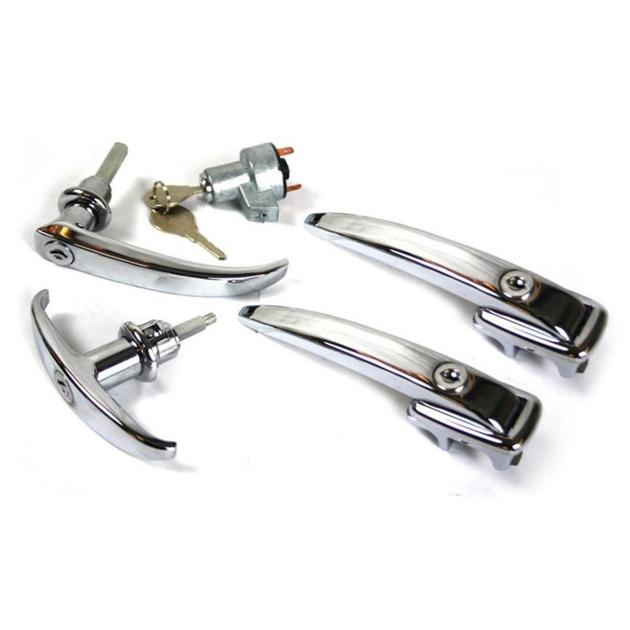 C24-211-898-001 - 211898001 - SHOW QUALITY CHROME - 5 PIECE - KEYED ALIKE IGNITION SWITCH - FRONT DOOR HANDLES - REAR T-HATCH HANDLE - SIDE CARGO DOOR HANDLE - BUS 59-61 - SOLD SET
