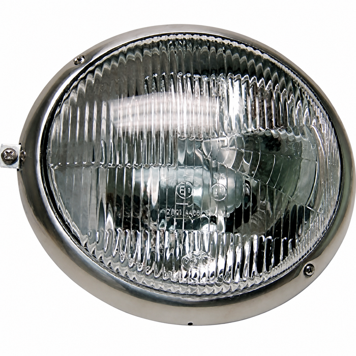 C24-211-941-037-CHE - 211941037 - GENUINE HELLA GERMAN MADE - LEFT SIDE (LHD) EUROPEAN STYLE HEADLIGHT ASSEMBLY W/STAINLESS STEEL RIM - BUS 52-67 - (BULB SOLD SEP.- SEE VHD-N17-7053) - SOLD EACH