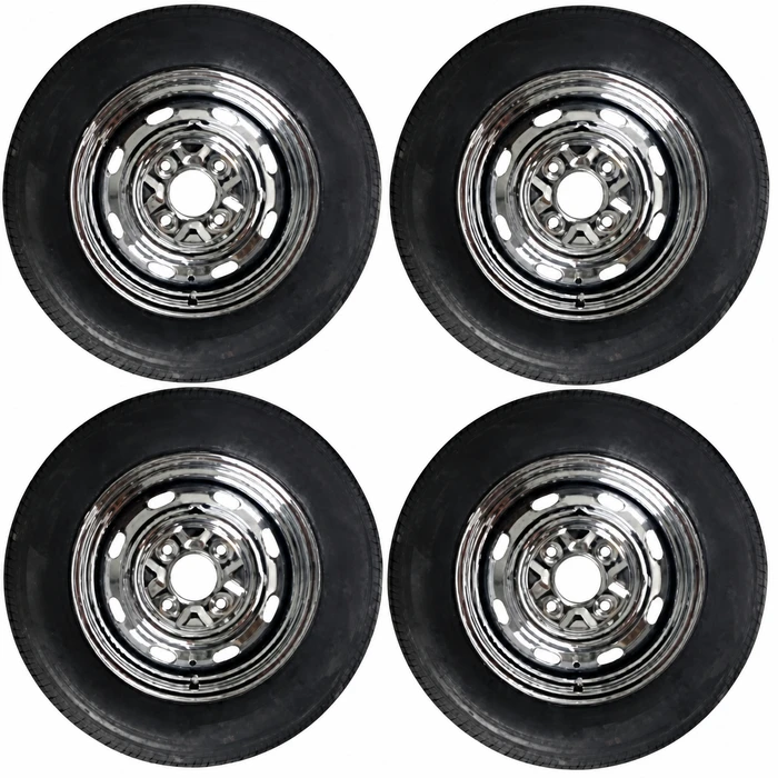 ACC-C10-6623-KIT - COMPLETE CHROME 4x130 WHEEL AND TIRE PACKAGE (15 X 5 1/2 - 4-1/4 INCH BACK SPACING) (165/80R15 STEEL BELTED RADIAL TIRES) 4 WHEELS WITH TIRES, MOUNTED & BALANCED WITH MATCHING CHROME VALVE STEMS. READY TO BOLT ON AND DRIVE.