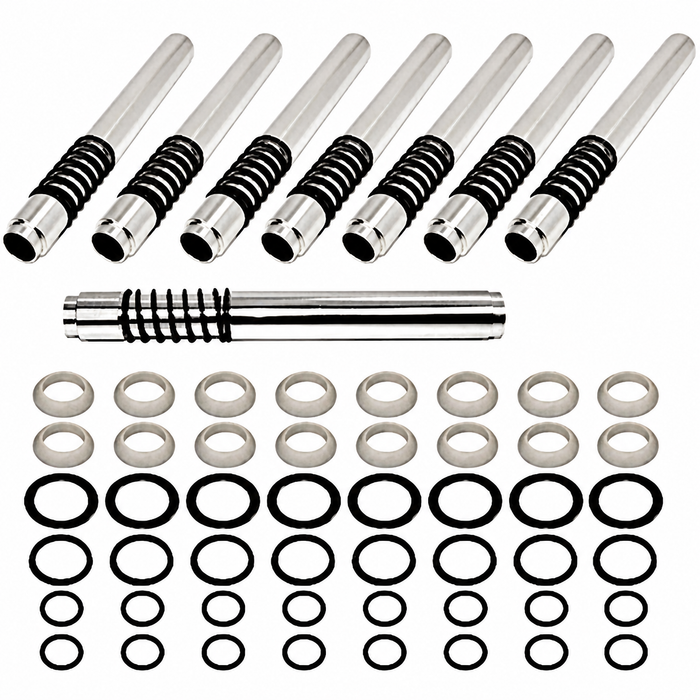 C26-109-367 - LARGE DIA. H-P MACHINED ALUMINUM ANODIZED SPRING-LOADED PUSHROD TUBES WITH SEALS - WITH DUAL O-RINGS DESIGN - SET OF 8 - ALL BEETLE STYLE 1600CC ENGINES - SET OF 8