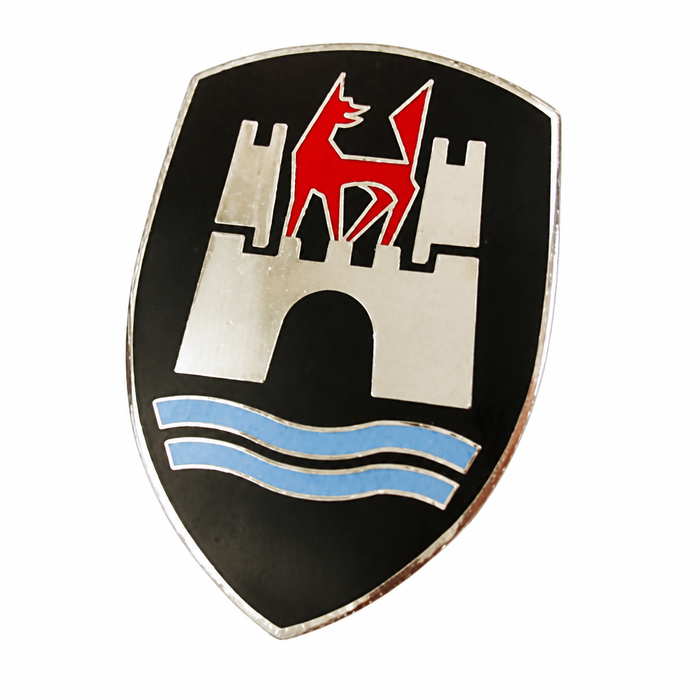 C26-113-853-621-B - 113853621B - GOOD REPRODUCTION - WOLFSBURG HOOD BADGE / EMBLEM - BLACK - BASE SOLD SEPARATELY - BEETLE 60-63 - SOLD EACH