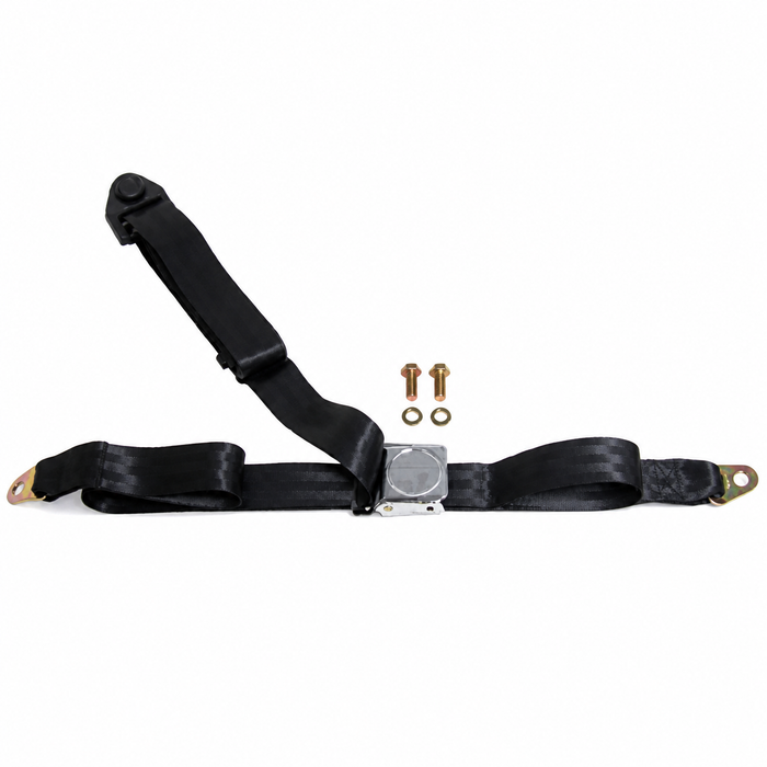 C26-857-013L - 3 POINT SEAT BELT WITH SHOULDER STRAP - BLACK FOR FRONT LEFT OR RIGHT - WITH ROUND INSERT FOR ROUND EMBLEM - EMBLEM SOLD SEP. - SOLD EACH