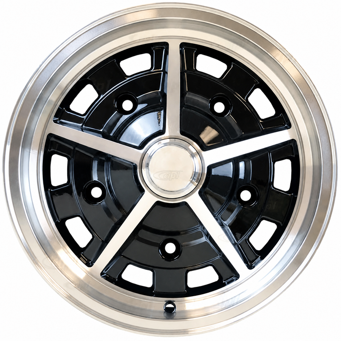 C32-5515SAS520514BM - CIP EXCLUSIVE! - SUPER SLOT WHEEL W/CENTER CAP AND VALVE STEM - GLOSS BLACK WITH BRITE LIP & SPOKES - 15 INCH X 5.5 INCH WIDE - (BACKSPACING 3.89INCH ET+14) 5 BOLT X 205MM - BALL SEAT HARDWARE SOLD SEP. - SOLD EACH