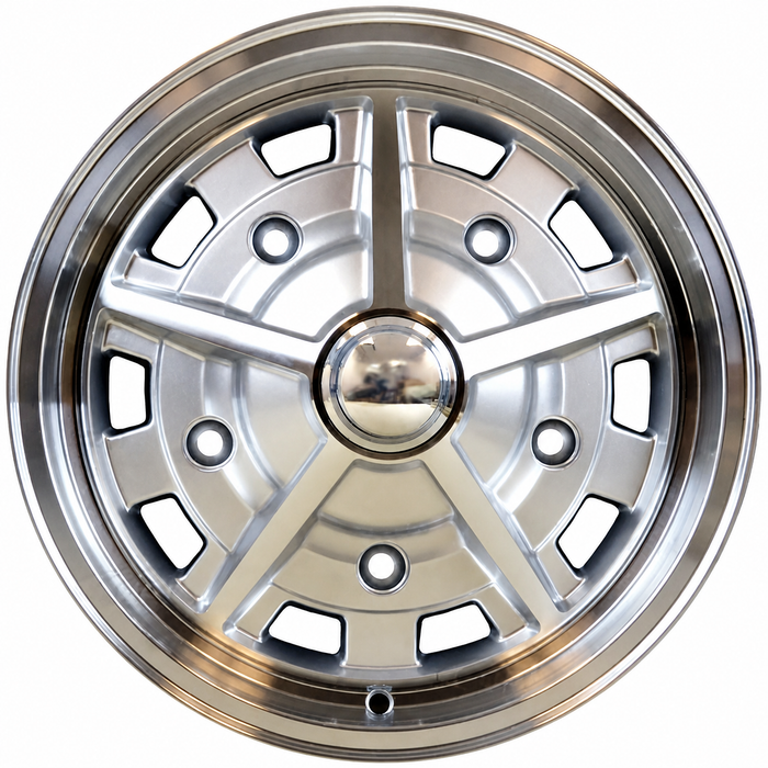C32-5515SAS520514SM - CIP EXCLUSIVE! - SUPER SLOT WHEEL W/CENTER CAP AND VALVE STEM - GLOSS SILVER WITH BRITE LIP & SPOKES - 15 INCH X 5.5 INCH WIDE - (BACKSPACING 3.89INCH ET+14) 5 BOLT X 205MM - BALL SEAT HARDWARE SOLD SEP. - SOLD EACH