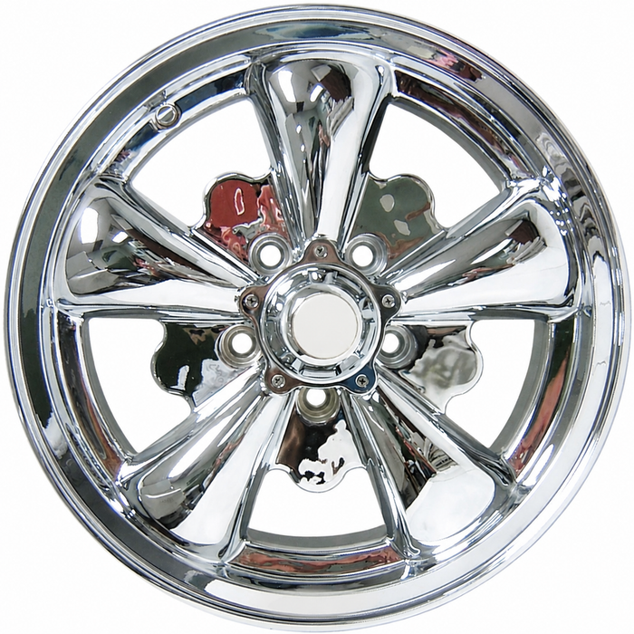 C32-E251C - 5 SPOKE ALUMINUM WHEEL - FULLY CHROME PLATED - 5.5 INCH WIDE X 15 INCH DIA. - 5X112MM BUS 71-79 BOLT PATTERN WITH CENTER CAP - USES 60% ACORN HARDWARE - HARDWARE SOLD SEPARATELY - SOLD EACH
