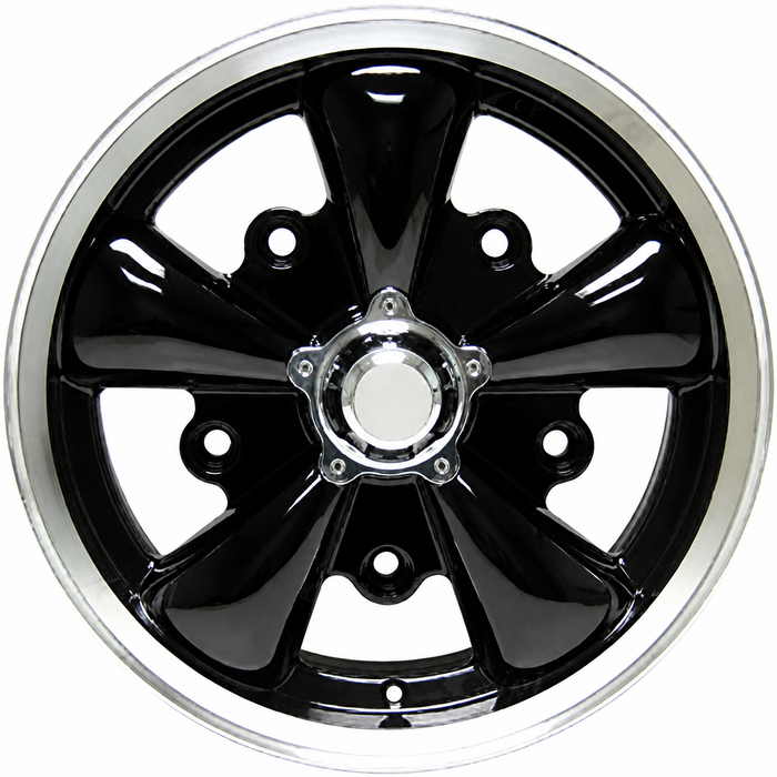 C32-E252B - (SIMILAR TO EMPI 9690) - BLACK 5 SPOKE ALUMINUM WHEEL - 5.5 INCH WIDE X 15 INCH DIA. (4" BACKSPACING) - 5X205MM PATTERN WITH CENTER CAP - USES 60% ACORN HARDWARE - HARDWARE SOLD SEPARATELY - SOLD EACH
