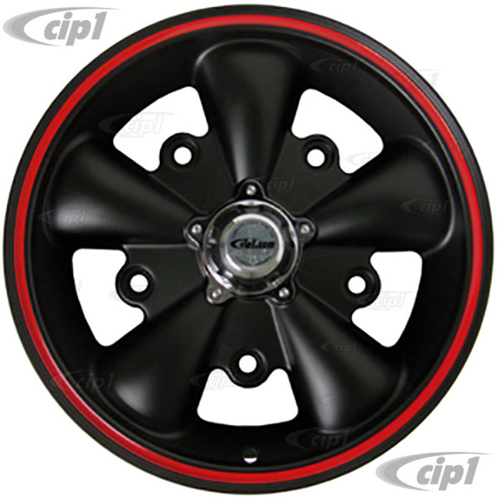 C32-E252MBRR - MATTE BLACK WITH RED RIM 5 SPOKE ALUMINUM WHEEL - 5.5 INCH WIDE X 15 INCH DIA. (3-3/4 INCH BACKSPACING) - 5X205MM PATTERN WITH CENTER CAP - USES 60% ACORN HARDWARE - HARDWARE SOLD SEPARATELY - SOLD EACH