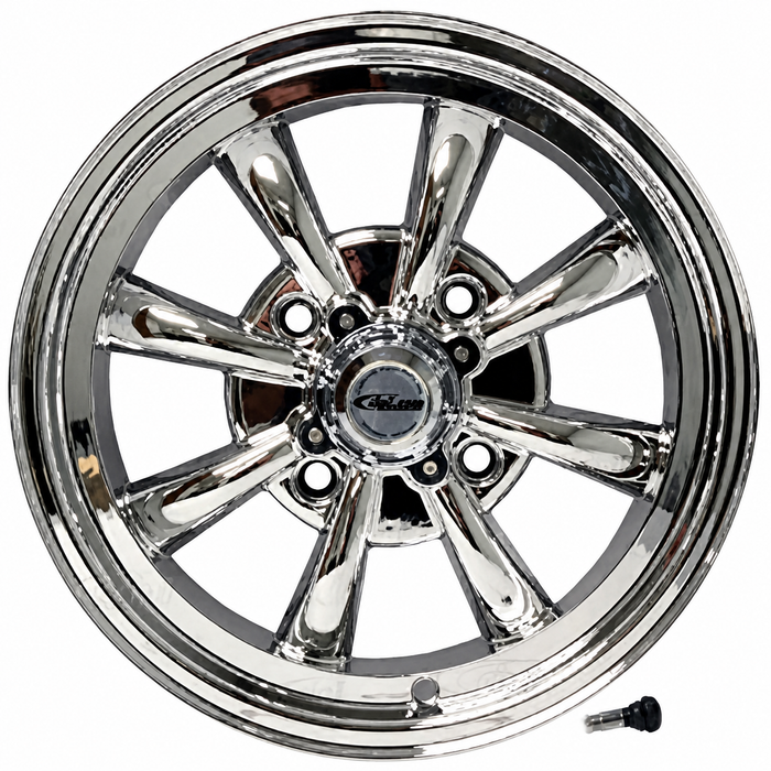 C32-E28C - 00-9683-0 - FULLY CHROMED 8 SPOKE ALUMINUM WHEEL - 5.5 INCH WIDE X 15 INCH DIA. WITH 4.6 IN. BACKSPACE - 4X130MM BOLT PATTERN - CENTER CAP & VALVE STEM INCLUDED - USES 60% ACORN HARDWARE - HARDWARE SOLD SEPARATELY - SOLD EACH
