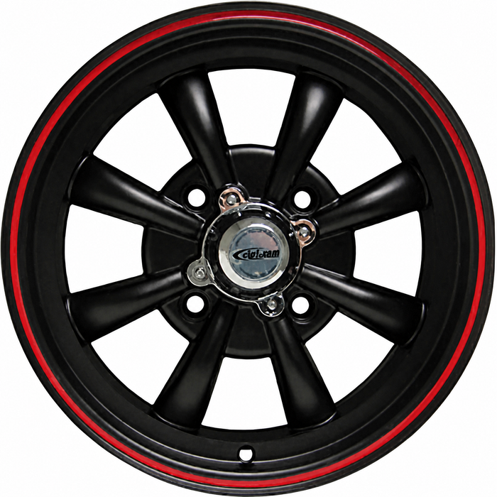 C32-E28MBRR - ( 9682 ) - MATTE BLACK W/RED RIM 8 SPOKE ALUMINUM WHEEL - 5.5 INCH WIDE X 15 INCH DIA. WITH 4.6 IN. BACKSPACE - 4X130MM - CENTER CAPS & VALVE STEMS INC. - USES 60% ACORN HARDWARE - HARDWARE SOLD SEPARATELY - SOLD EACH