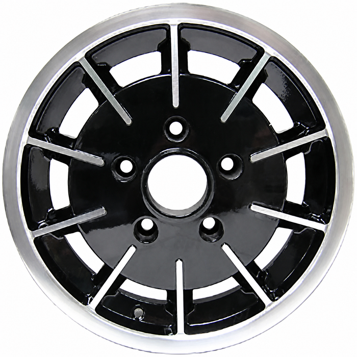 C32-GB2B - GAS-BURNER STYLE ALUMINUM WHEEL - BLACK WITH POLISHED RIBS - 5.5 INCH WIDE X 15 INCH DIA. - 5X130MM BOLT PATTERN (5 INCH BACKSPACE) - CENTER CAP AND BALL-SEAT HARDWARE SOLD SEPARATELY - SOLD EACH