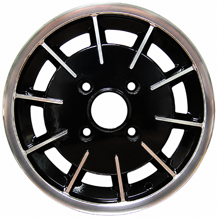 C32-GBB - GAS-BURNER STYLE ALUMINUM WHEEL - BLACK WITH POLISHED RIBS - 5.5 INCH WIDE X 15 INCH DIA. - 4X130MM VW BOLT PATTERN (4 INCH BACKSPACE) - CENTER CAP AND  BALL-SEAT HARDWARE SOLD SEPARATELY - SOLD EACH