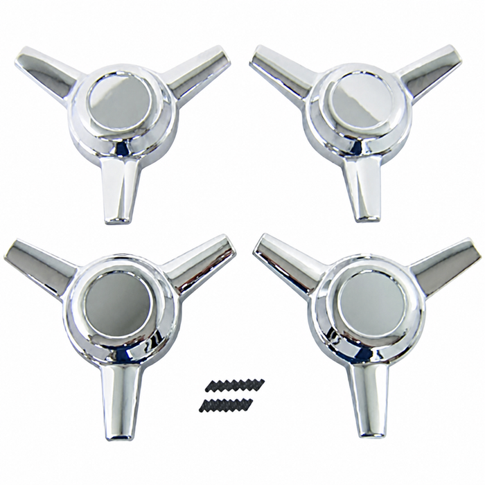 ACC-C10-6696 - EMPI 9621 - SET OF CHROME 3 SPOKE KNOCK OFFS / SPINNERS WITH MOUNTING HARDWARE - SOLD SET OF 4