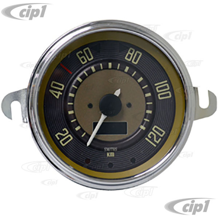 C34-EES9-1B36-01C - BROWN DIAL / CHROME BEZEL 12V PROGRAMMABLE ELECTRONIC SPEEDOMETER - 115MM DIA. 0-120 KMH - SENSOR & WIRING HARNESS INCLUDED - SPEEDO CABLE NOT INCLUDED - BUS 52-67 - BEETLE 58-67 - REF.#'s 211957021 - EMPI 14-1127-0 - SOLD KIT