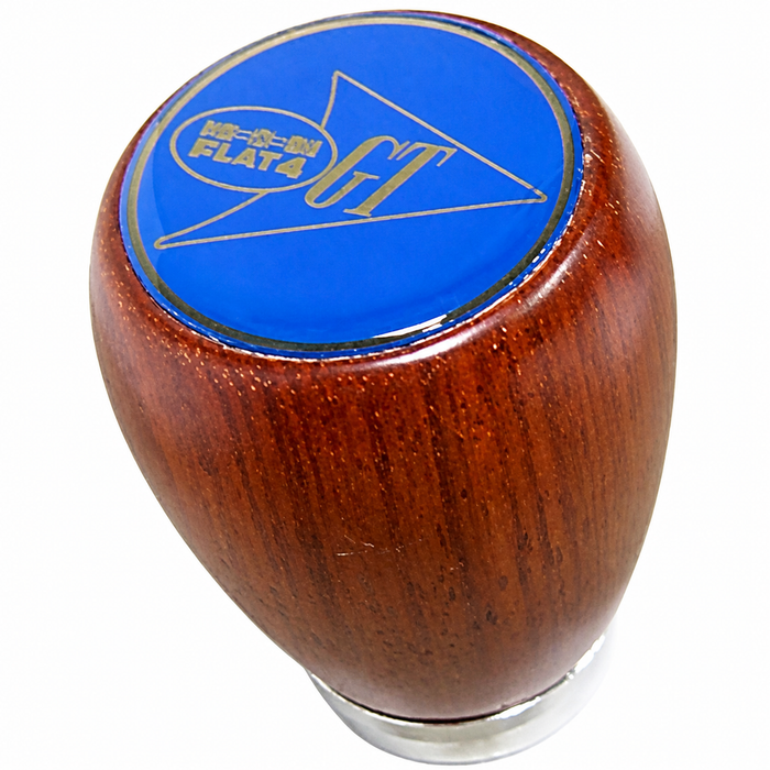 C38-I-105A - ROSEWOOD SHIFT KNOB WITH FLAT-4 GT LOGO - WILL FIT 7MM OR 12MM SHIFTER THREADS ONLY - BEETLE 62-79/GHIA 62-74/TYPE-3 62-73/BUS 68-79/THING 73-74 - SOLD EACH