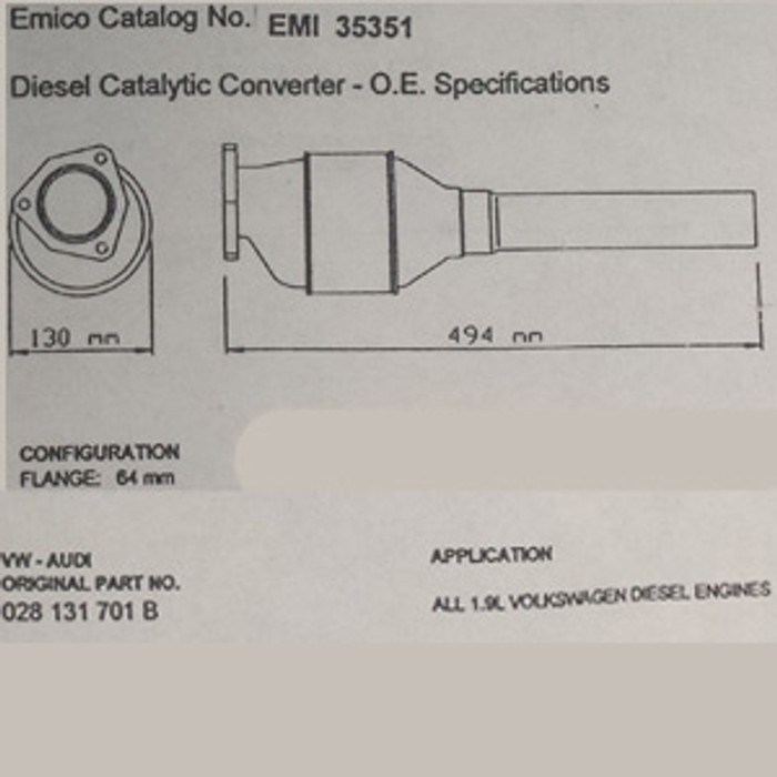 EMI-35351 - CATALYTIC CONVERTER - ALL 1.9L VW DIESEL ENGINES