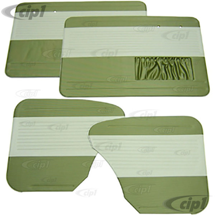 T19-1122-2515 - OEM CLASSIC RIBBED VINYL DOOR PANEL SET - BEETLE SEDAN 56-64 - PEA GREEN WITH OFF-WHITE INSERTS (PANEL SHAPE MAY VARY FROM PICTURE) - SOLD 4 PIECE SET