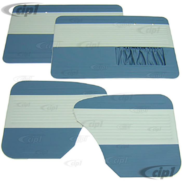 T19-1123-2415 - OEM CLASSIC RIBBED VINYL DOOR PANEL SET - BEETLE SEDAN 65-66 - WATER BLUE WITH OFF-WHITE INSERTS (PANEL SHAPE MAY VARY FROM PICTURE) - SOLD 4 PIECE SET