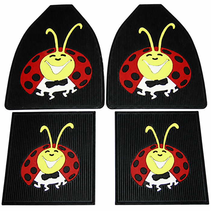 ACC-C10-3748 - EMPI 15-1097 15-1098 - LADYBUG RUBBER FLOOR MATS - 4 PIECE SET - ALL BEETLES - BLACK WITH RED/YELLOW/WHITE BUG - SET OF 4 MATS