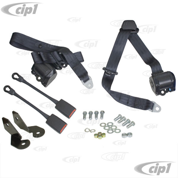 Image of C13-3851 - EMPI - PAIR OF BLACK 3 POINT RETRACTABLE EUROPEAN STYLE SEATBELTS - WITH BRACKETS & MOUNTING HARDWARE - BEETLE - SOLD SET