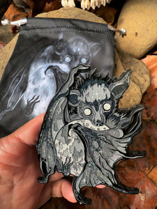 Large enamel pin of gray bat and moon by Artist Brian Serway, Made by Almost Amusing. Waning Neonate. Large enamel pin of gray bat and moon by Artist Brian Serway, Made by Almost Amusing. Waning Neonate.