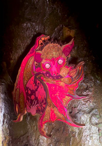 Large Gold enamel pin of bat and moon by Artist Brian Serway, Made by Almost Amusing. Waning