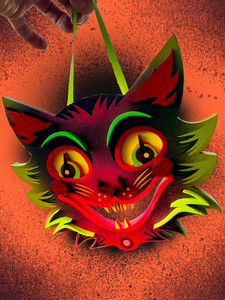 RASCAL is a multi layered vintage inspired hand painted woodcut halloween cat!