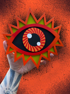 Halloween eye gazer layered woodcut, a handpaint work of original art featuring a mid century halloween inspired color scheme.