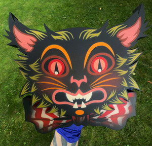 Grimalkin a handmade hand painted holiday themed halloween woodcut cat inspired by vintage decor