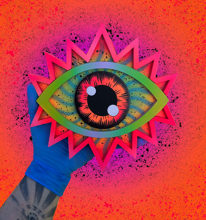 vibrant and bright neon eye gazer art piece. hand painted woodcut wall decor.