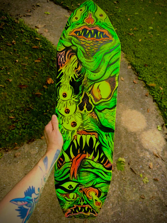 FULL VIEW IMAGE: Hand painted MUTANT WASTELAND airbrushed skateboard deck by artist ESAYDE Brian Warner