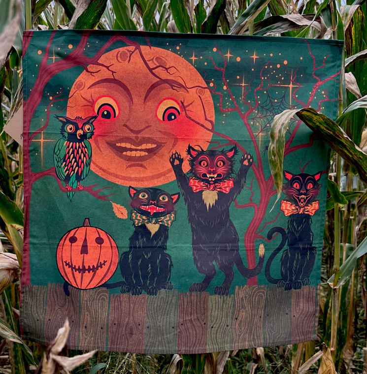 Autumns Moonlight Celebration- A high quality 100% cotton Halloween holiday themed decor cloth. Perfect for home decorating, cafe curtains and framed as a collector art piece!