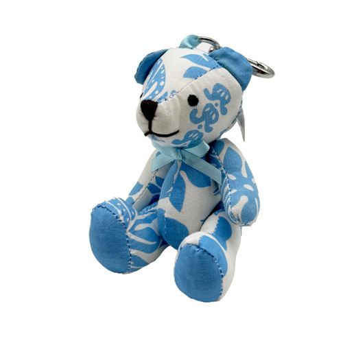 Small blue stuffed bear keychain - angle view